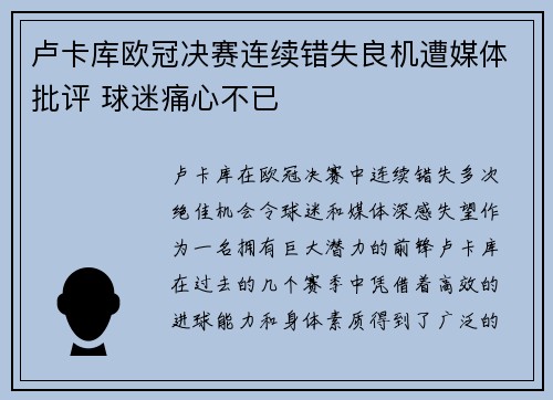卢卡库欧冠决赛连续错失良机遭媒体批评 球迷痛心不已